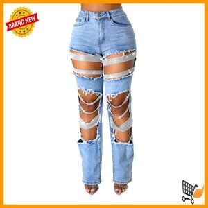 High Waisted Ripped Jeans with Rhinestones Pearl Chains Distressed Baggy Denim